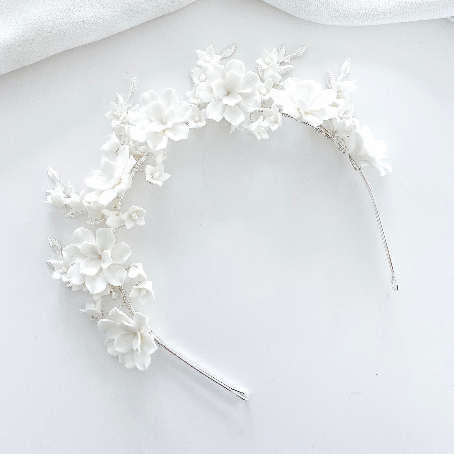 Porcelain Flower and Silver Leaf Crown