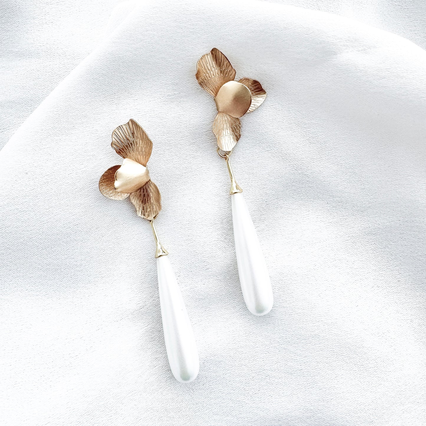 Gold Folded Flower and Long Elegant Pearl Earrings