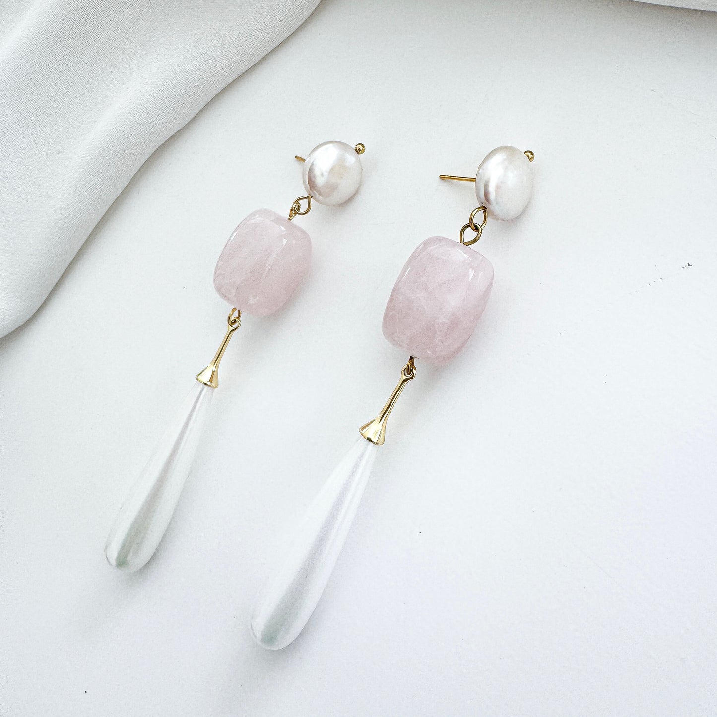 Rose Quartz & Pearl Dangle Earrings