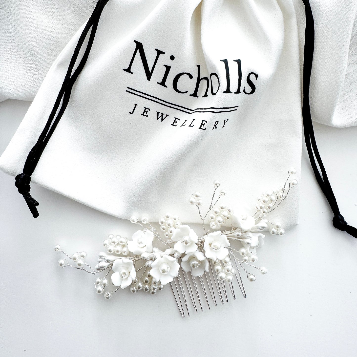 Wedding Bridal Hair Comb with Porcelain Flowers and Ball Pearls