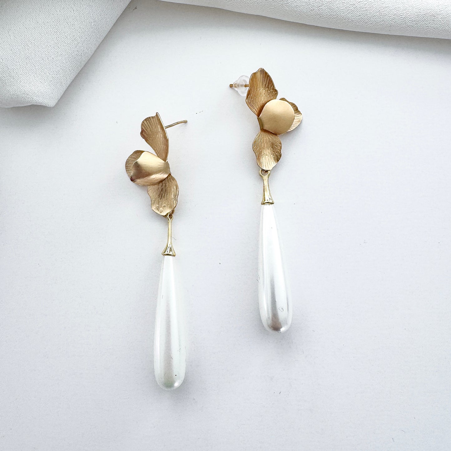 Gold Folded Flower and Long Elegant Pearl Earrings