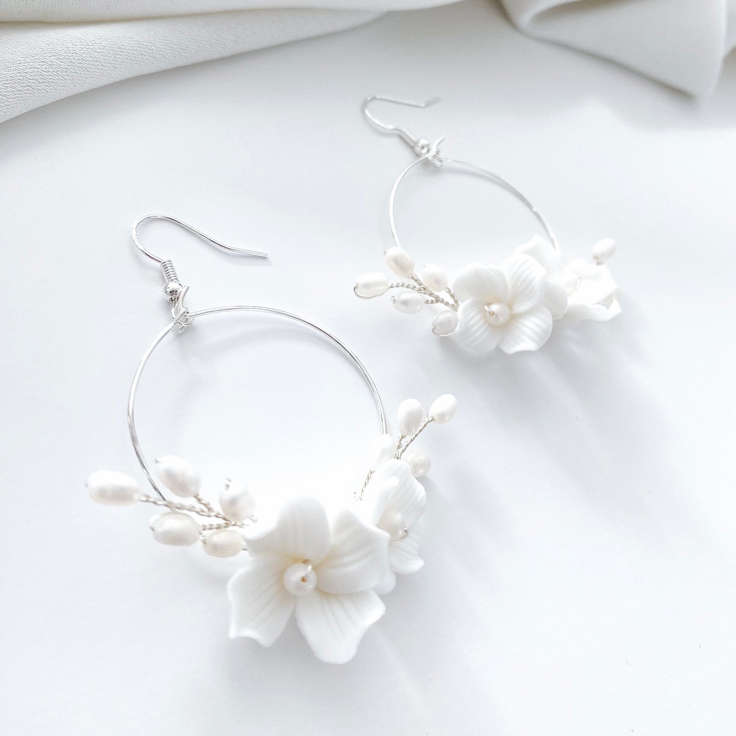Porcelain Flower Pearl Spray Hoops