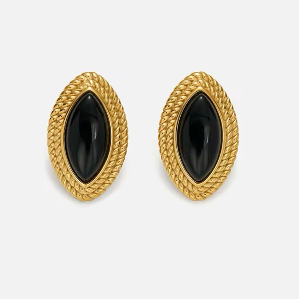 Oval Diamond Shape Black Stone 18k Gold Earrings