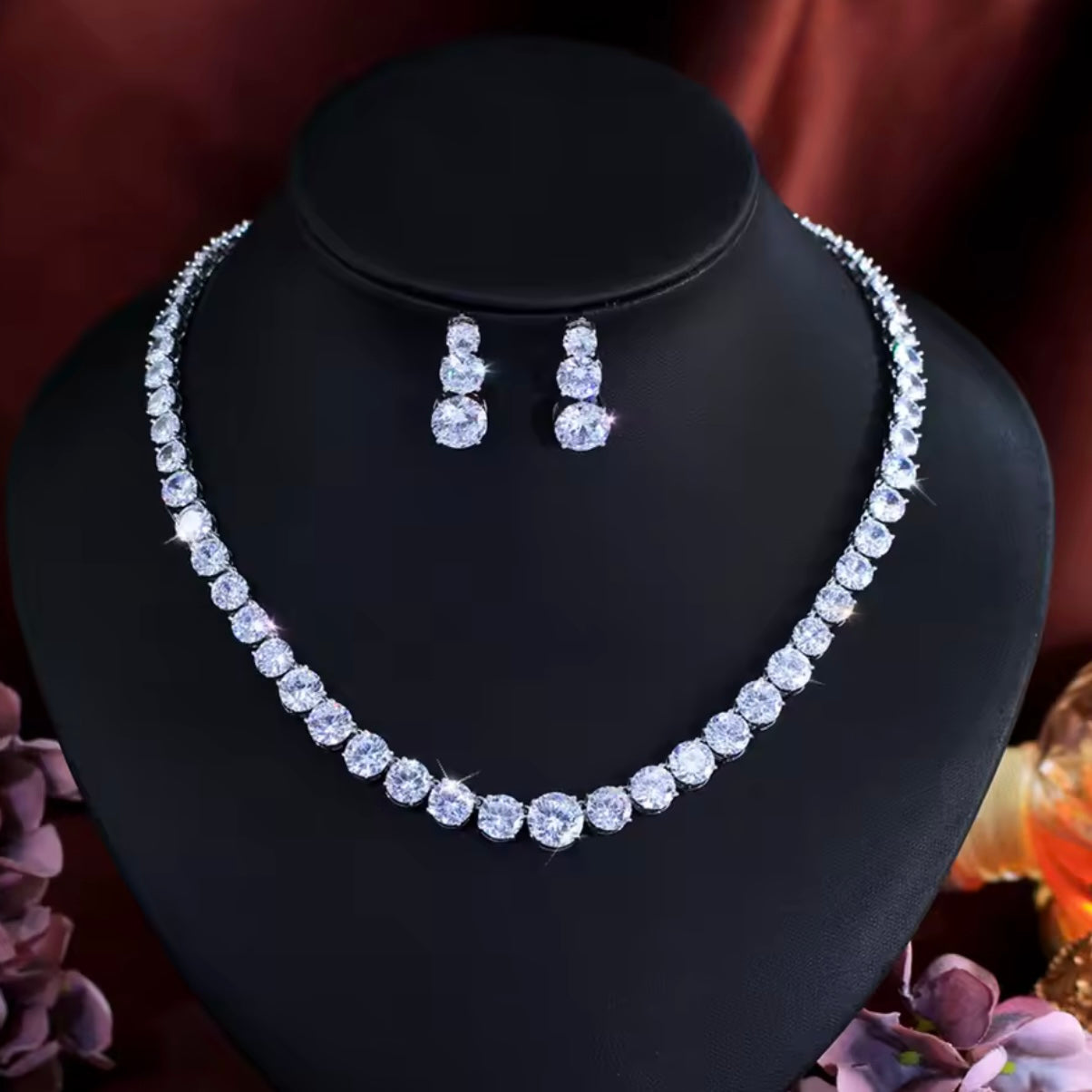 Cubic Zirconia Crystal Necklace & Earring Set – Sparkly Bridal, Prom & Christmas Jewellery | AAA+ Crystal Statement Gift
