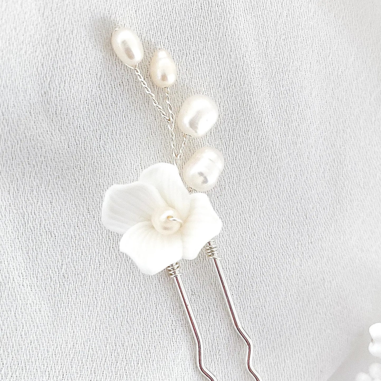 Porcelain White Flower, Silver Leaf, Pearl Pins x 3