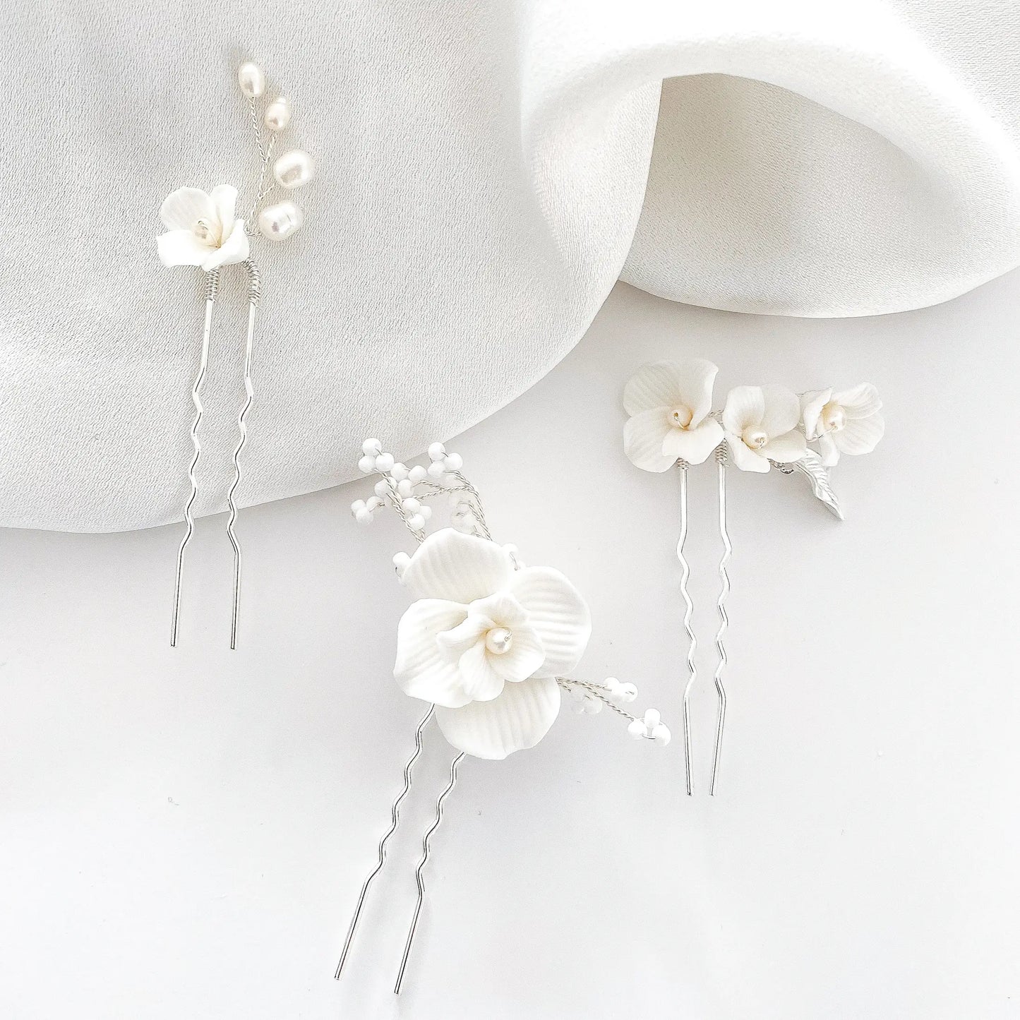 Porcelain White Flower, Silver Leaf, Pearl Pins x 3