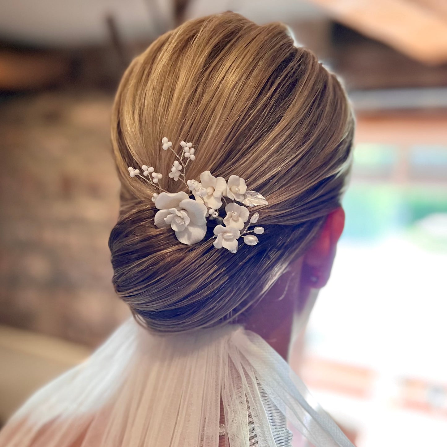 Porcelain White Flower, Silver Leaf, Pearl Pins x 3