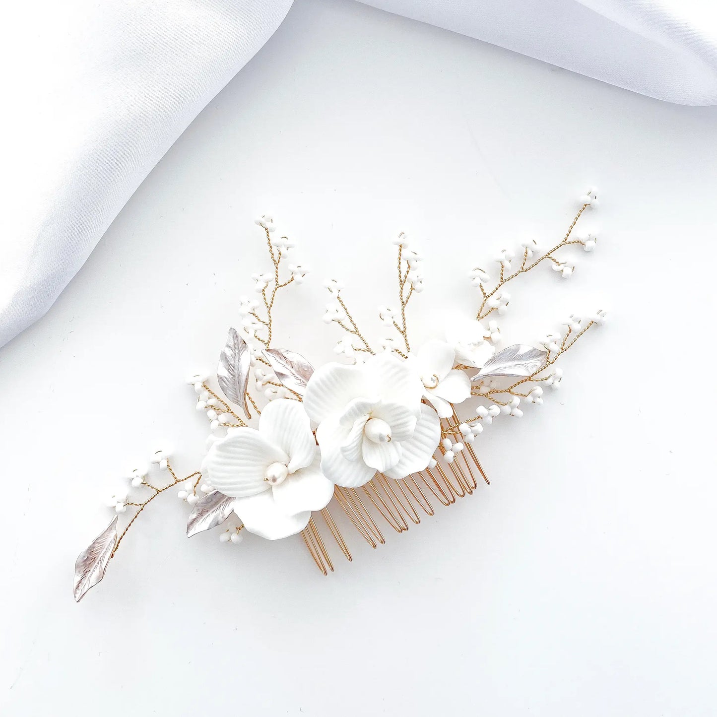 Porcelain White Flower, Blush Leaf and Rose Gold Comb