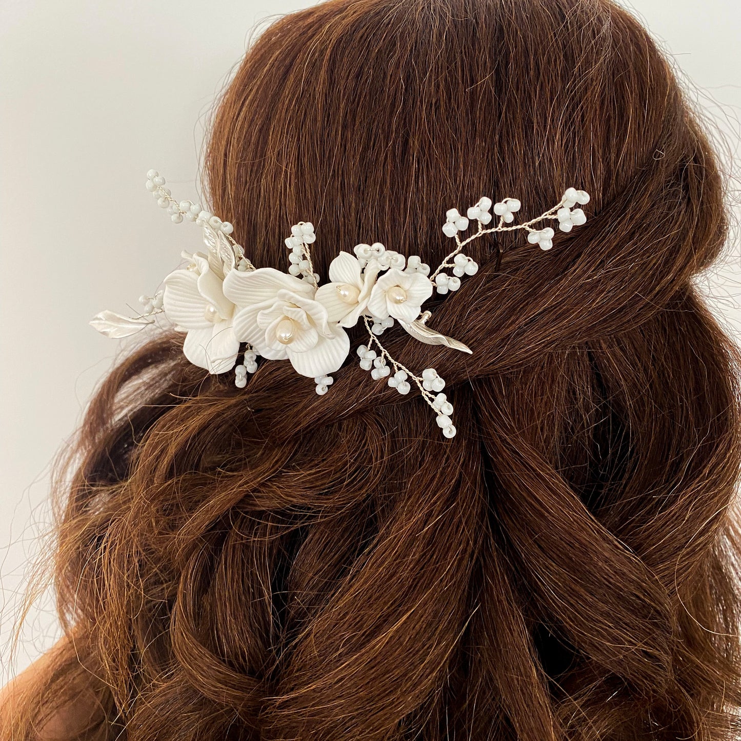 Porcelain White Flower, Silver Leaf and Silver Comb