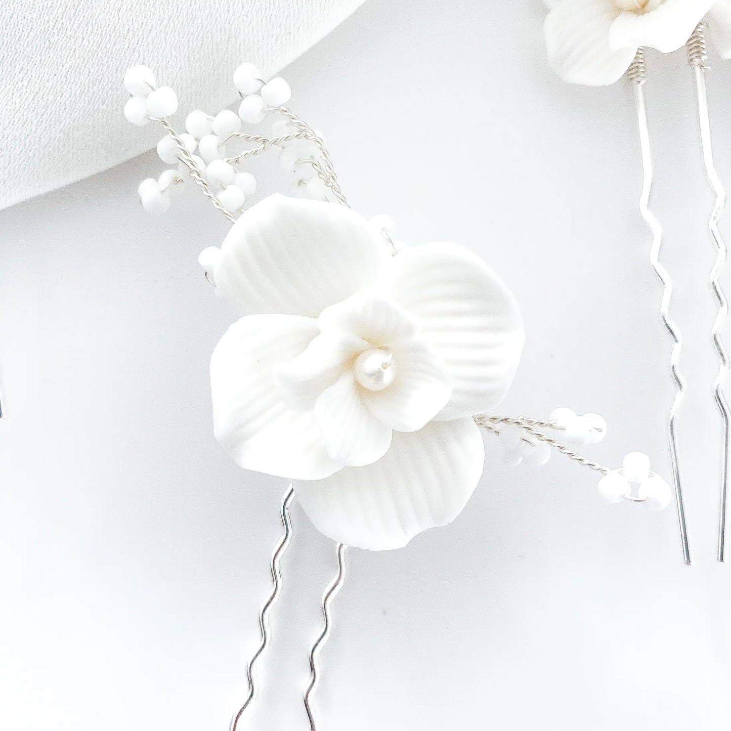 Porcelain White Flower, Silver Leaf, Pearl Pins x 3