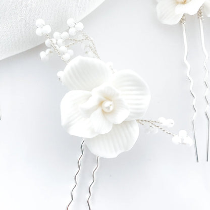 Porcelain White Flower, Silver Leaf, Pearl Pins x 3