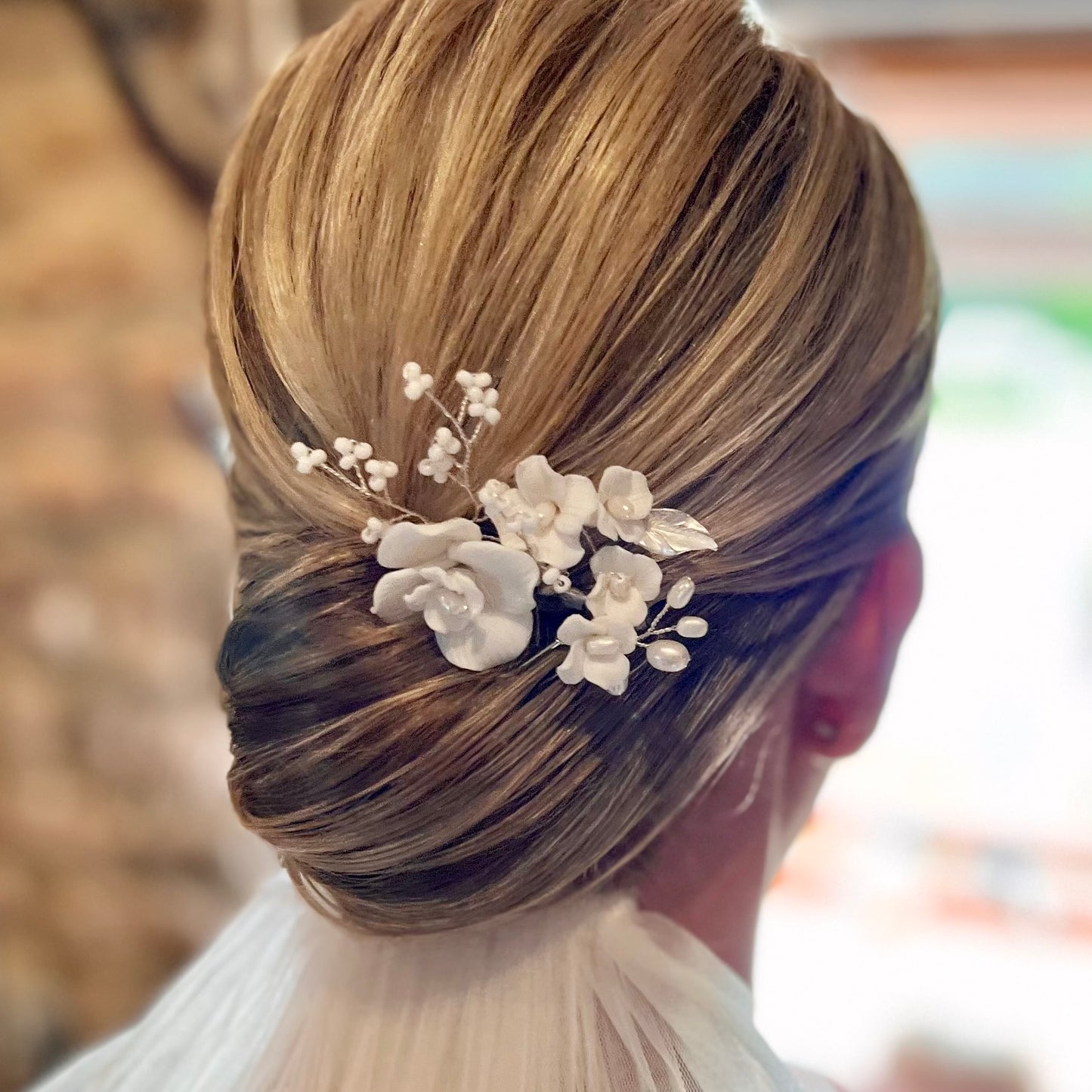 Porcelain White Flower, Silver Leaf, Pearl Pins x 3