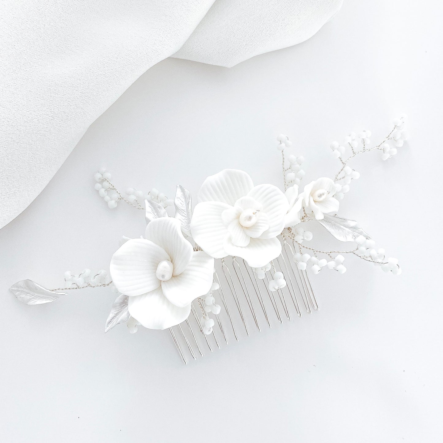 Porcelain White Flower, Silver Leaf and Silver Comb
