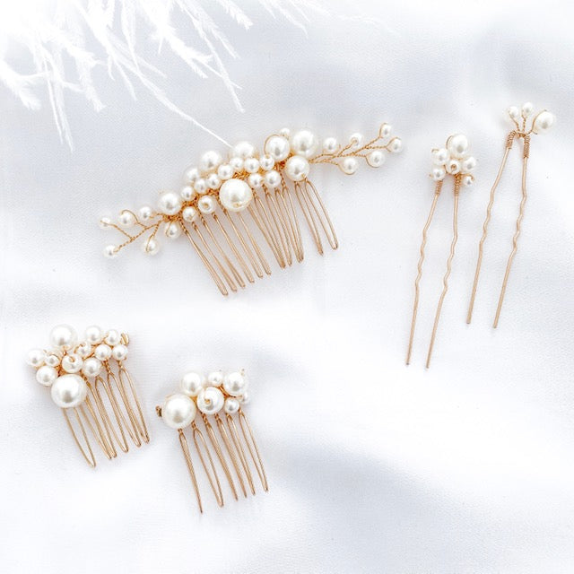 Pearl Comb and Pin 5 piece set (Gold)