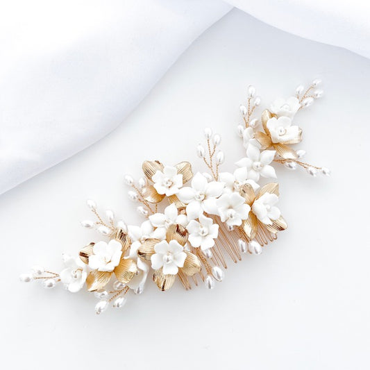 Porcelain White Flower, Gold leaf and Freshwater Pearl comb