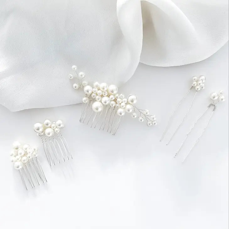 Pearl Comb and Pin 5 piece set (Silver)