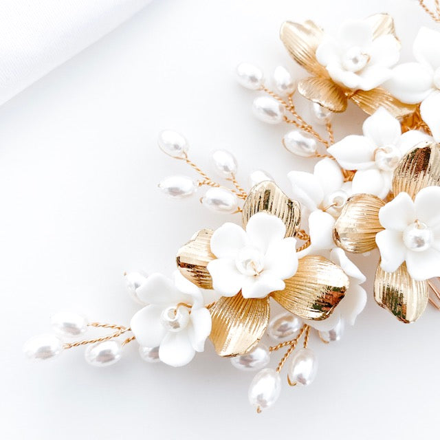 Porcelain White Flower, Gold leaf and Freshwater Pearl comb