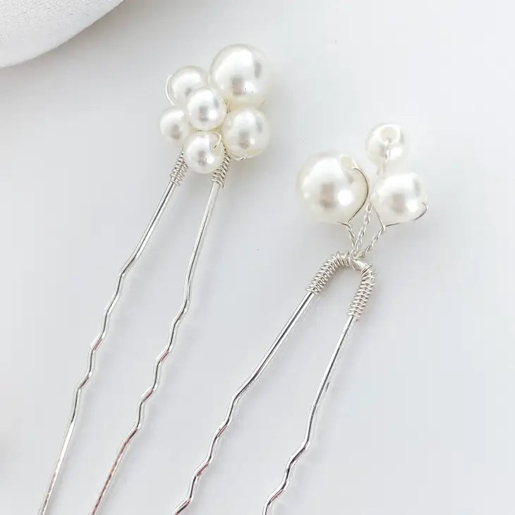 Pearl Comb and Pin 5 piece set (Silver)