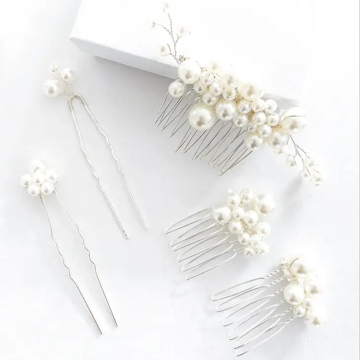 Pearl Comb and Pin 5 piece set (Silver)