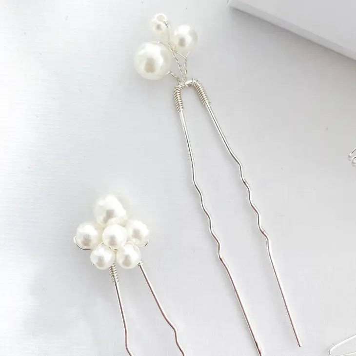 Pearl Comb and Pin 5 piece set (Silver)