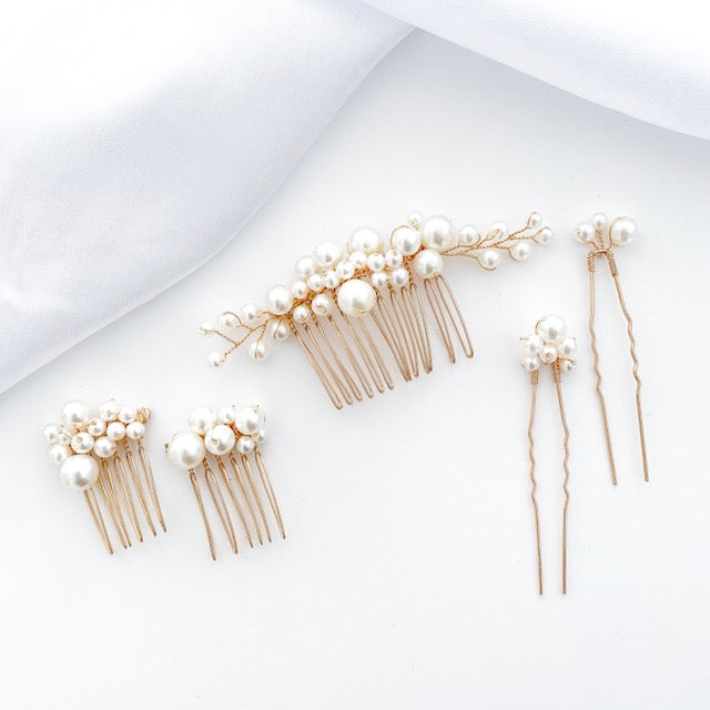 Pearl Comb and Pin 5 piece set (Gold)
