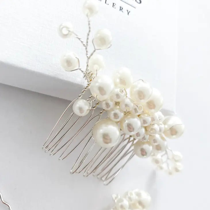 Pearl Comb and Pin 5 piece set (Silver)