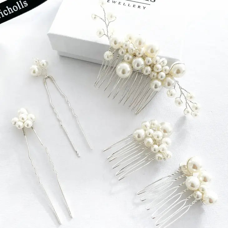 Pearl Comb and Pin 5 piece set (Silver)