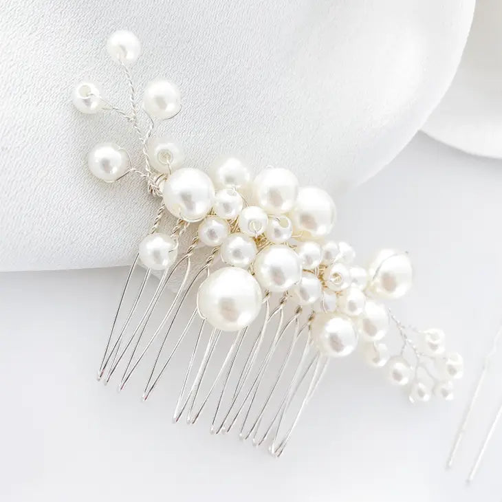 Pearl Comb and Pin 5 piece set (Silver)