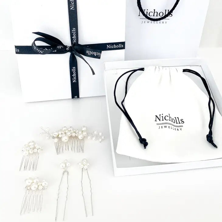 Pearl Comb and Pin 5 piece set (Silver)