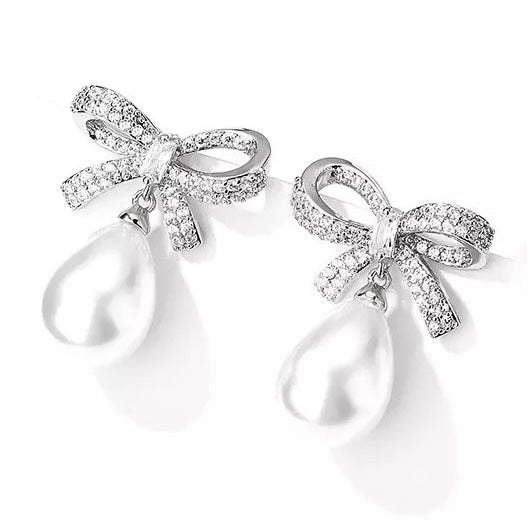 Silver Crystal Bow & Pearl Earrings Silver - Bridal, Christmas & Party Jewellery