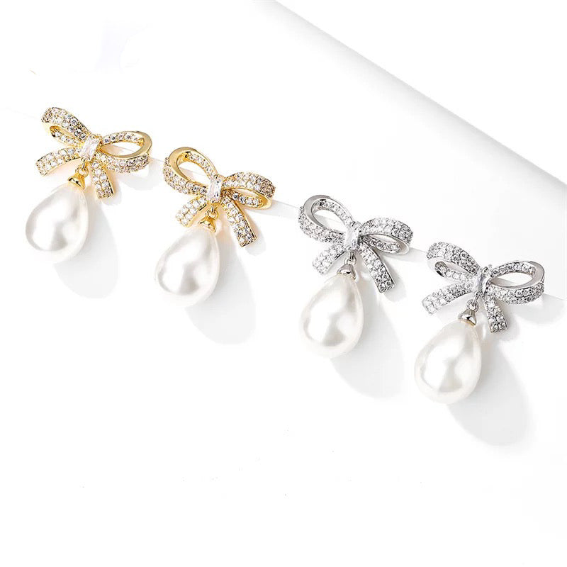 Crystal Bow & Pearl Earrings Silver