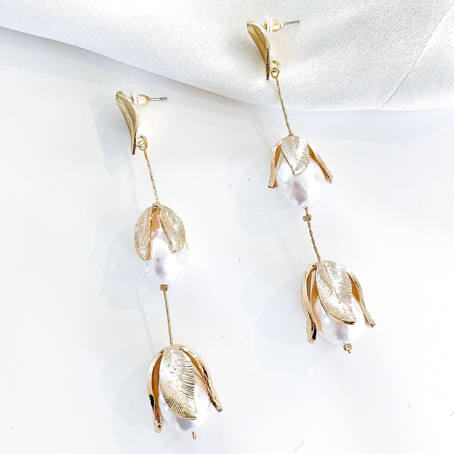 Gold Leaf and Pearl Bud Earrings