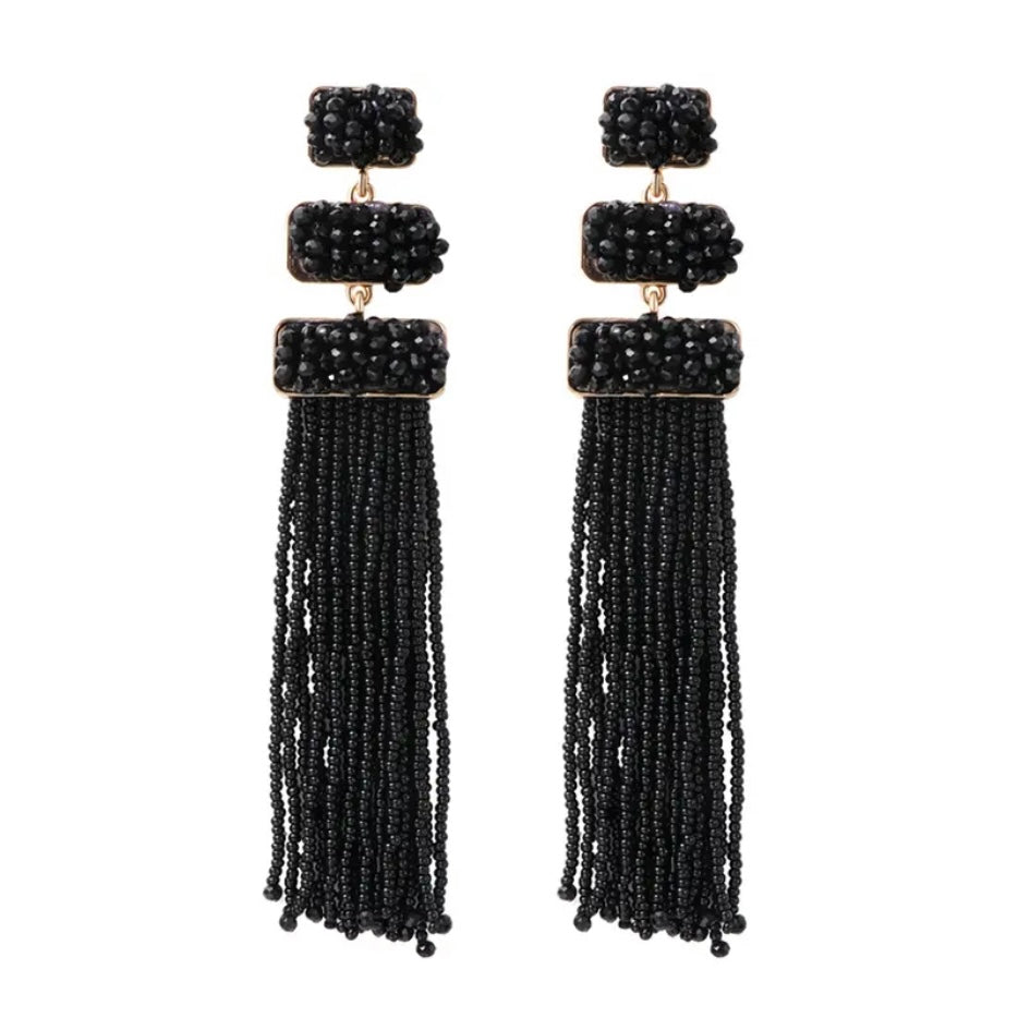 Black Beaded Tassel Earrings