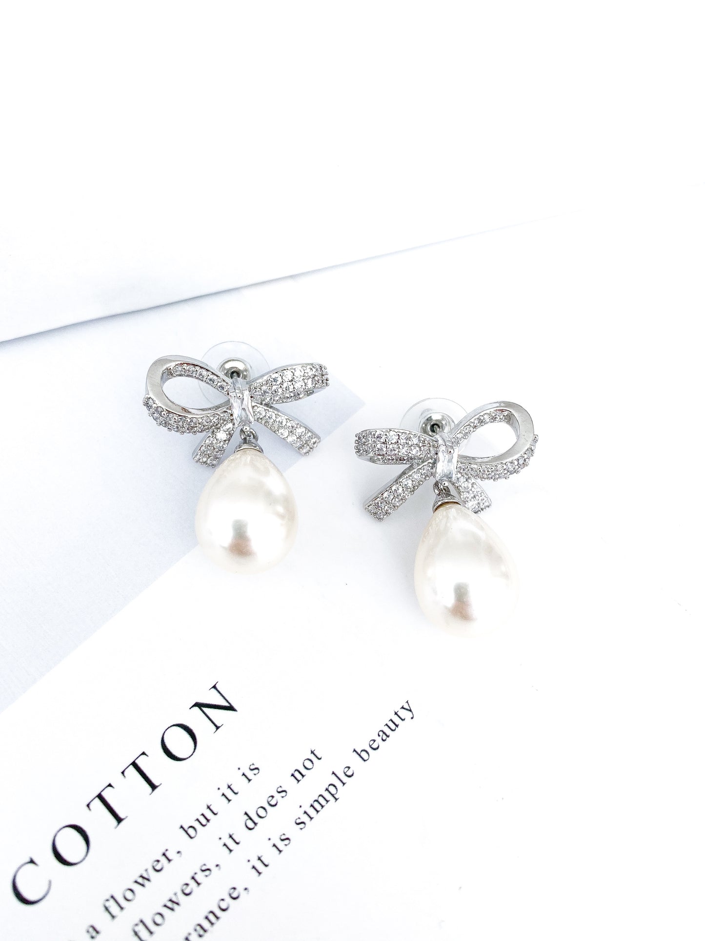 Crystal Bow & Pearl Earrings Silver