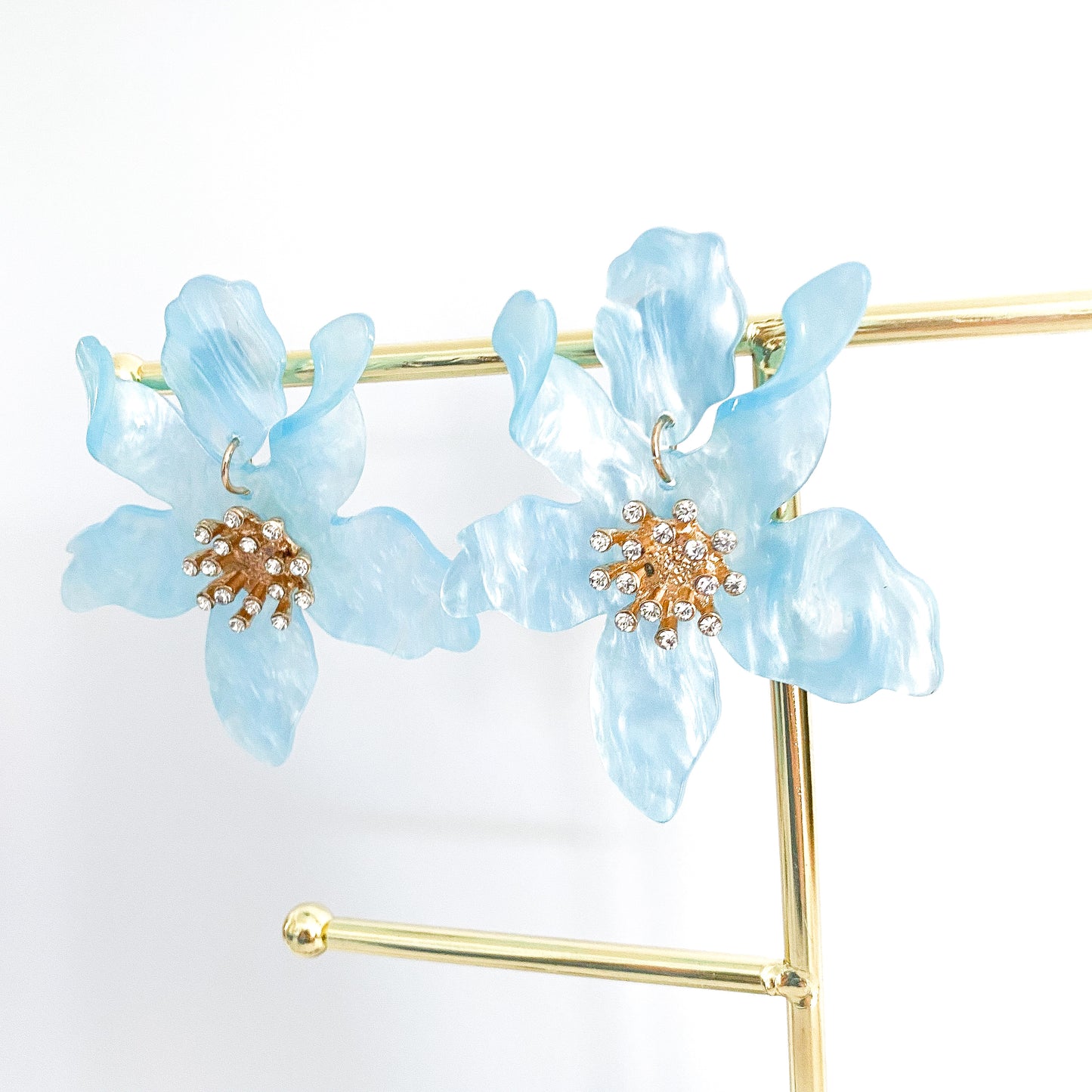 flower earrings, large flower earrings, blue flower earrings, flower jewellery, fashion earrings, statement earrings, hen do earrings, bride earrings, pretty earrings, womens accessories, womens earrings, bridesmaid earrings, hen do jewellery, summer earrings, summer jewellery