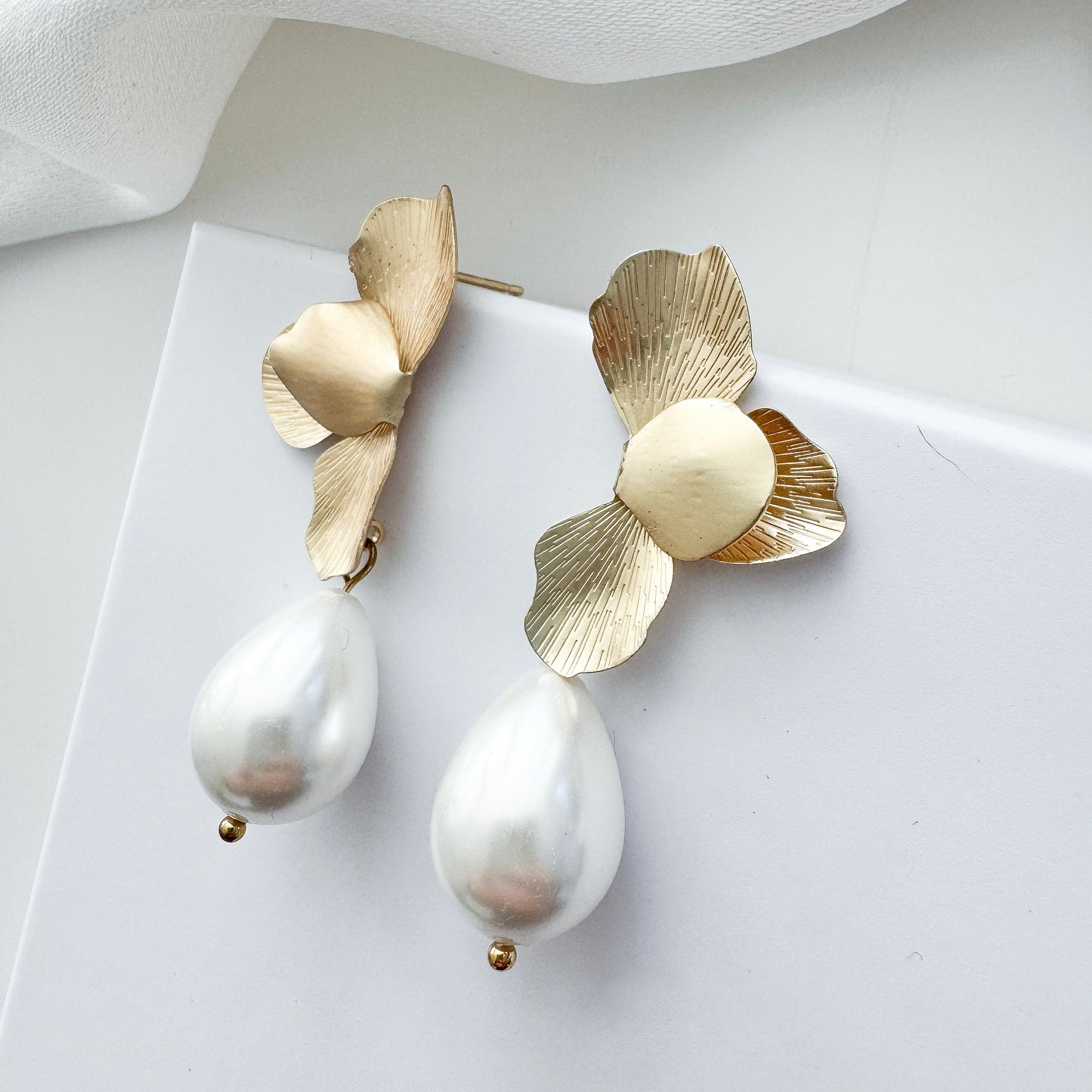 Gold Folded Flower Earrings with Chunky Teardrop