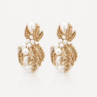 Gold Leaf & Pearl Statement Earrings | Vintage-Inspired Bridal Jewellery