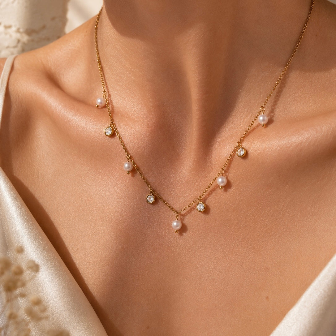 Pearl & Crystal Charm Necklace | Waterproof 18k Gold Plated Necklace