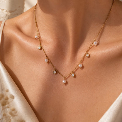 Pearl & Crystal Charm Necklace | Waterproof 18k Gold Plated Necklace