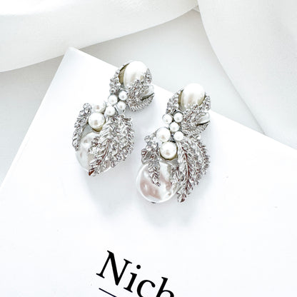 Silver Leaf & Pearl Statement Earrings | Vintage-Inspired Bridal Jewellery