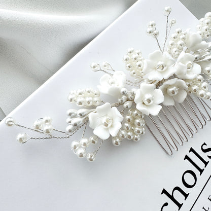 Wedding Bridal Hair Comb with Porcelain Flowers and Ball Pearls