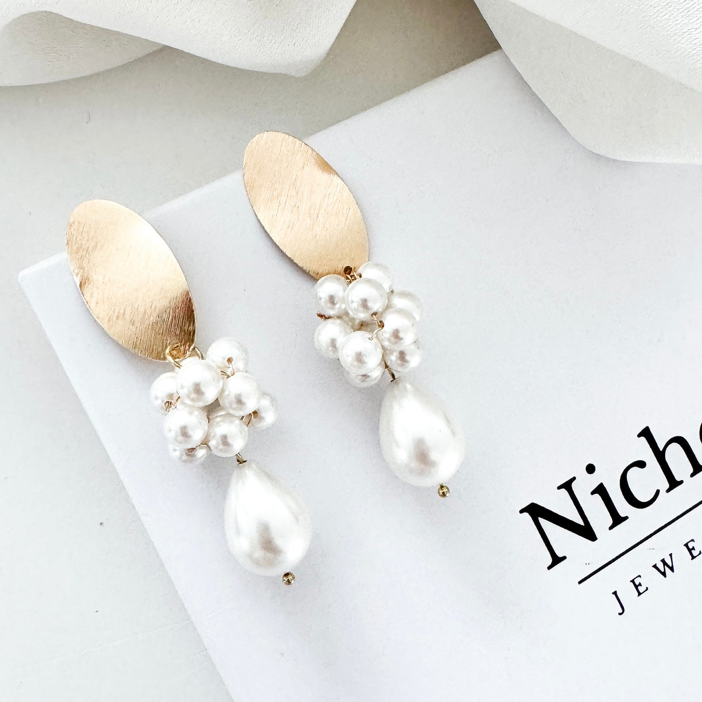 Brushed Gold Oval Cluster Ball and Chunky Pearl Statement Earrings
