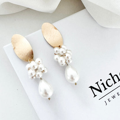 Brushed Gold Oval Cluster Ball and Chunky Pearl Statement Earrings