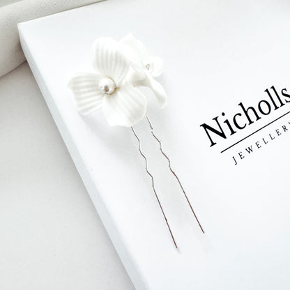 Delicate Porcelain Flower & Pearl Stud Earrings with matching Porcelain Flower Hair Pins