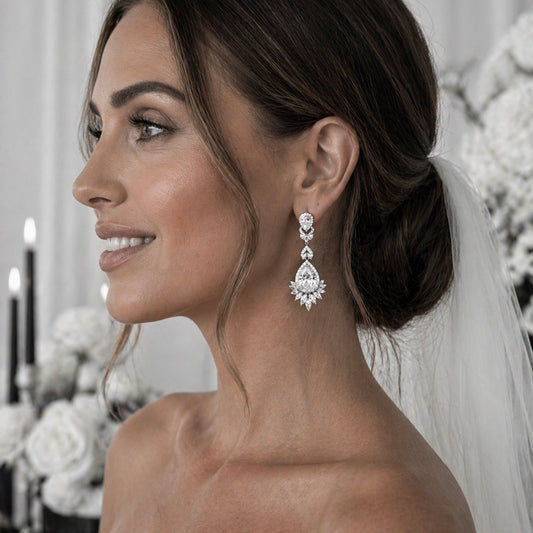 Cubic Zirconia Crystal Long Dangle Earrings with Teardrop and Diamond Shape Detail