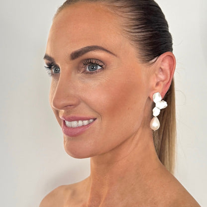 Silver Folded Flower Earrings with Chunky Teardrop Pearl