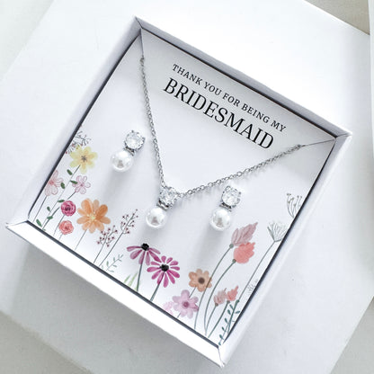 Pearl Bridesmaid Jewellery Gift Set – Cubic Zirconia & Pearl Earrings with Matching Necklace