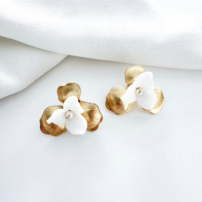 Gold Petal and Porcelain Flower Stud Earrings