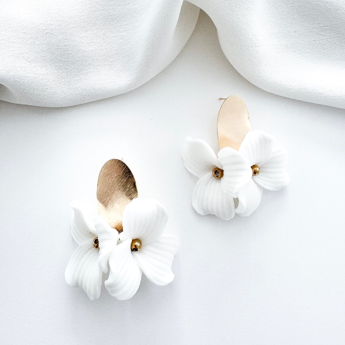 Dahlia Brushed Gold Oval Porcelain Flower Earrings