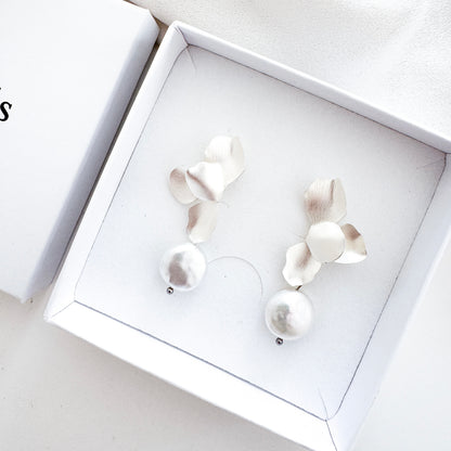 Silver Folded Flower Pearl Earrings